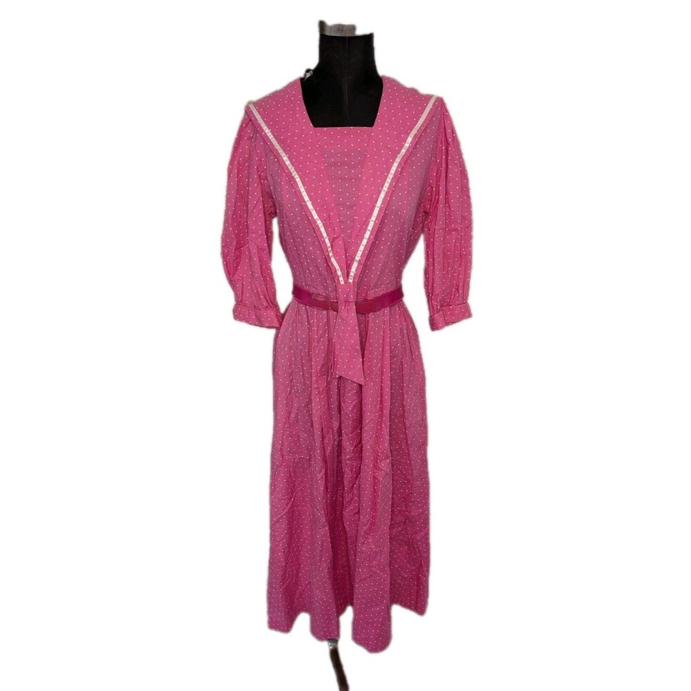 EUC Vintage Laura Ashley Pink Polka Dot Dress W/ Collar & Belt 100% Cotton US 10
